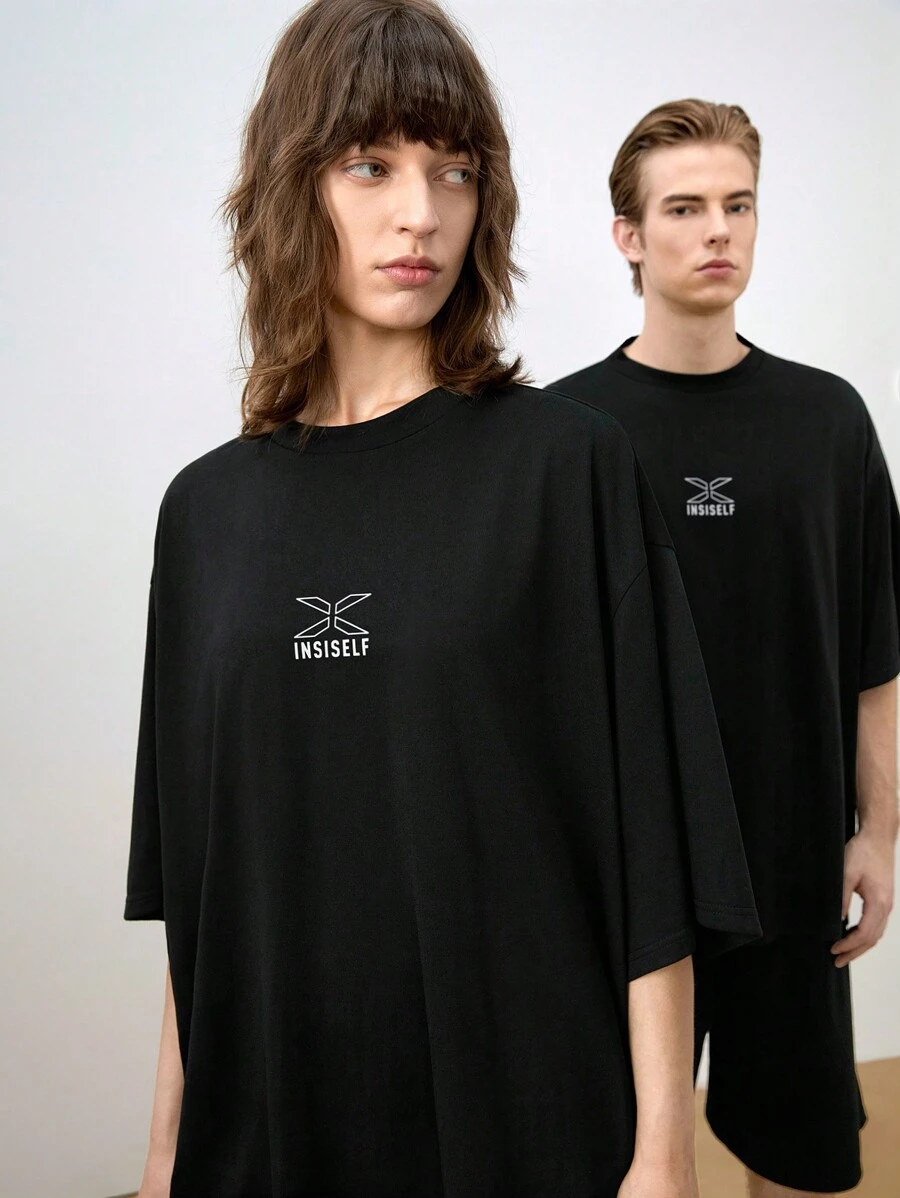 Mainfolk Men's 2pcs Letter Knitted Loose Drop-Shoulder Short Sleeve Casual T-Shirt Set, Suitable For Summer - Black - View 1