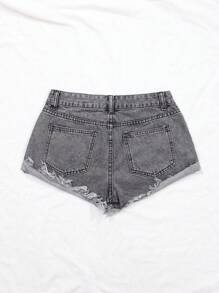 Women's Casual Denim Shorts With Pocket, Distressed And Curled Hem Design - Grey - View 2