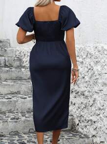 Flirla Đầm Maxi Tay Ngắn Đơn Giản Hàng Ngày Cho Nữ Cỡ Lớn - Màu xanh hải quân - Xem 2