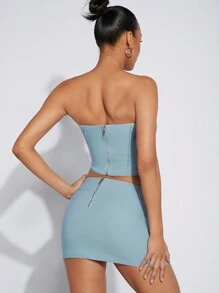 Hauture Women's Solid Color Tube Top & Bodycon Skirt Slim Fit 2pcs Set - Baby Blue - View 2