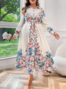Celure Plus Size Floral Printed Belted Casual Loose Long Sleeve Dress Maxi Women Outfit Fall Cloth For Women