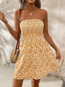 SHEIN LUNE Women's Summer Holiday Casual Geometric Print Strapless Shirred Dress - Yellow - View 1