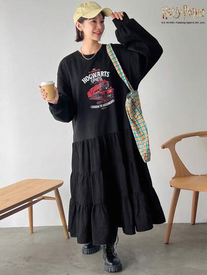 Harry Potter X Friful 女士圆领宽松印花纹理拼布蛋糕裙、荷叶边、秋季连衣裙长袖连衣裙