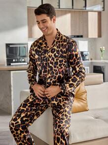 Men's Leopard Printed Elastic Long Sleeve Top & Long Pants Pajama Set, Fall Clothes - Multicolor - View 5