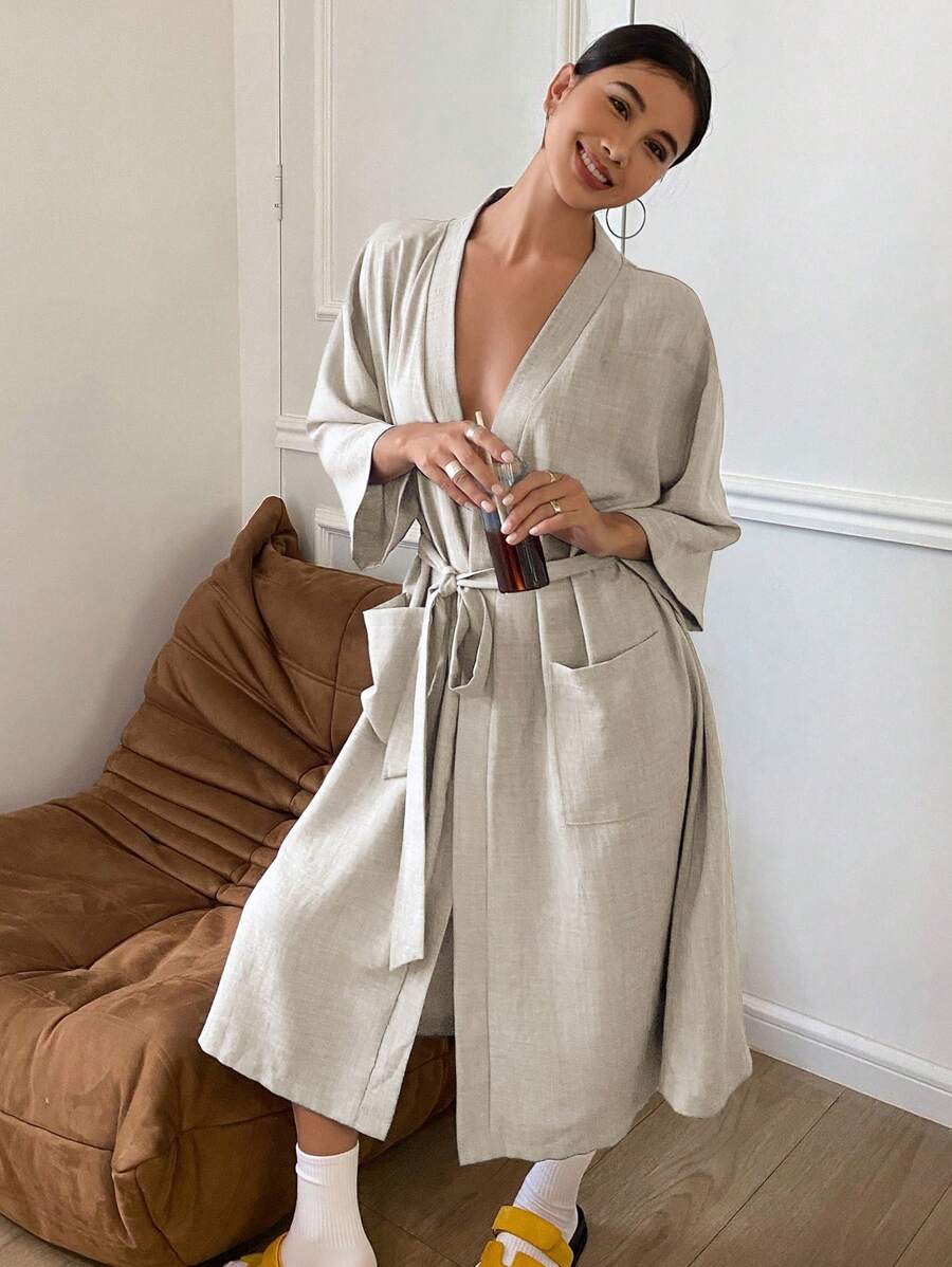 Livesso Simple Belted Homewear Robe In Solid Colors With Loose Fit, For Fall Pajama
