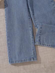 少女夏季宽松休闲套装字母印花圆领短袖T恤和牛仔连体裤，度假，夏季，旅行 - 中等水洗藍 - 查看 3