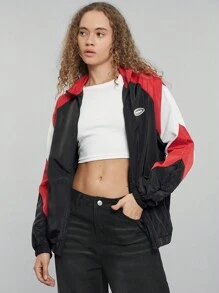 SHEIN EZwear 秋冬彩色块字母贴片细节插肩袖夹克 - 彩色 - 查看 6