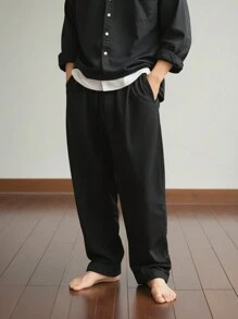 Manfinity Homme Quần ống rộng cỡ lớn cho nam có dây rút eo, quần baggy - màu đen - Xem 1