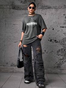 Streetz SHEIN Sport 字母圖形下垂肩運動T恤 - 灰色 - 查看 5