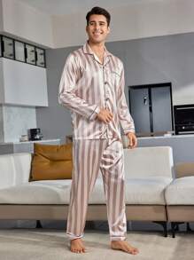 Men's Striped Printed Long Sleeve Top & Long Pants Pajama Set, Fall Winter Clothes - Multicolor - View 3