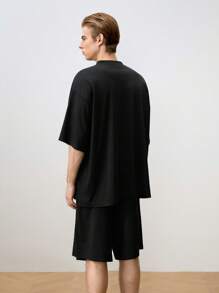 Mainfolk Men's 2pcs Letter Knitted Loose Drop-Shoulder Short Sleeve Casual T-Shirt Set, Suitable For Summer - Black - View 6
