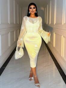 Zolique 女士时尚派对闪光水钻华丽镂空透明宽袖口上衣 - 白色 - 查看 5