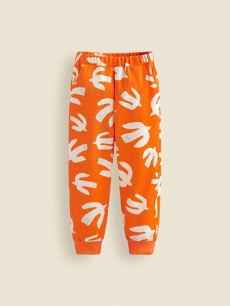 THE HAPPY LOOK Young Girl Orange Cute Seagull Print Elastic Waist Drawstring Relaxed Fit Sweatpants, Comfortable For Daily,Outdoor And Leisure Wear, Autumn/Winter