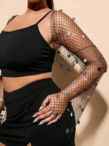 SHEIN BAE Áo nữ cỡ lớn màu đen trơn, thích hợp cho các buổi hòa nhạc/lễ hội âm nhạc đồng quê, đính đá lấp lánh tinh tế. Hoàn hảo cho các bữa tiệc sang trọng, đi chơi đêm, mùa hè, kiểu dáng ôm sát và xuyên thấu gợi cảm. - màu đen - Xem 6