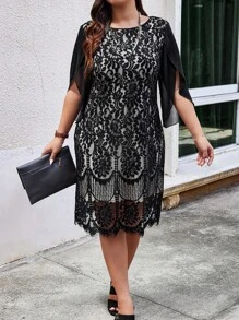 EMERY ROSE 加大开叉袖花朵蕾丝束腰连衣裙婚礼当天婚礼宾客 - 黑色 - 查看 6