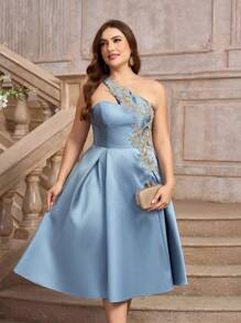 SHEIN Belle Elegant And Graceful Plus Size Women's Dress, Misty Blue Satin Dress With Asymmetric Gold Thread Appliques, High Waist With Pleats Detail, Umbrella Dress Skirt Perfect For Afternoon Tea, Cocktail Party, Dance Or Any Formal Events Prom Semi Formal Wedding Guest Dress, For Birthday, Graduation, Homecoming - Blue - View 1
