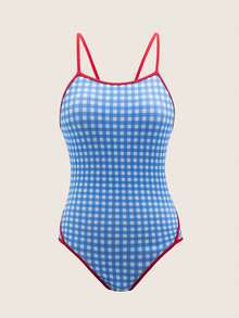 女士假日格纹饰边肩带休闲连体泳衣，带随机印花图案，夏季