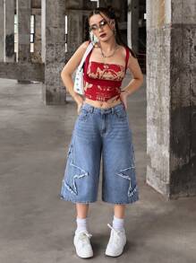 SHEIN Lockere Jean Capri Hose im Y2K Vintage Street Style für Teenager Mädchen mit neutralen aufgenähten Fünf-Sterne-Verzierungen