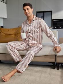 Men's Striped Printed Long Sleeve Top & Long Pants Pajama Set, Fall Winter Clothes - Multicolor - View 6