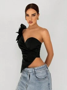 Aloruh Women's Elegant One Shoulder 3D Flower Decorated Asymmetric Hem Black Top,Women's Social Blouse,Elegant Women's Blouses,Ceremony,Graduation,Weddings & Events,Birthday Party Top - Black - View 3