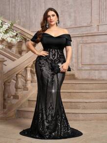 SHEIN Belle Vestido de fiesta elegante y formal de talla grande, con tela negra de lujo tipo gasa con flores 3D, multicapa con volantes y abertura alta, apropiado para graduaciones, cenas y bodas como invitada. - Negro - Ver 1