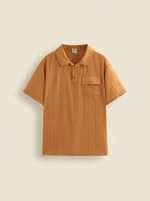 THE HAPPY LOOK Teen Boys' Plain Orange Short Sleeve Casual Shirt For Spring & Summer - Brown - View 1