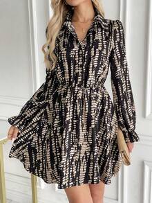 Allover Print Long Sleeve Pleated Shirt Collar Dress, Casual & Holiday Style