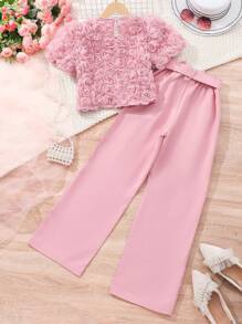 SHEIN Bộ quần áo và quần ngắn tay tinh tế thời trang thanh lịch cho cô gái Tween - Hồng - Xem 2