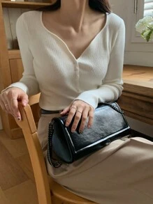 DAZY 女式 V 领长袖纽扣前开襟修身休闲毛衣，秋季服装 - 白色 - 查看 6