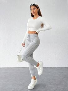 SHEIN PETITE Tie Waist Ribbed Knit Bodycon Leggings - Grey - View 7