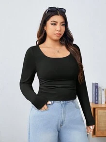 SHEIN EZwear Women's Plus Size Knitted Long Sleeve Solid Color Slim Fit T-Shirt With Square Neckline