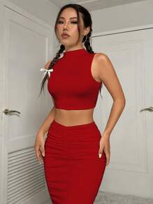 Flirla 女士夏季纯色立领短款背心和鱼尾裙休闲套装新年衣服 - 紅色 - 查看 5