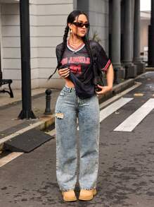 Women's Vintage Bow Decor Distressed Straight Leg Versatile Jeans - Blue - View 3