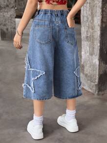 SHEIN Lockere Jean Capri Hose im Y2K Vintage Street Style für Teenager Mädchen mit neutralen aufgenähten Fünf-Sterne-Verzierungen