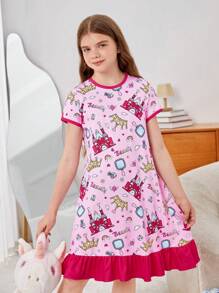 SHEIN 少女夏季可愛城堡圖案短袖荷葉邊擴擺睡衣，防火 - 粉色 - 查看 1