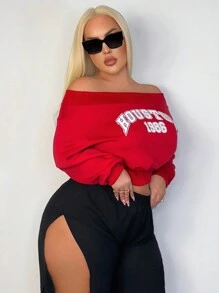 SHEIN SXY Plus Size Winter Spring Off Shoulder Letter Print Women's Short Sweatshirt Fall Autumn - Red and White - View 4