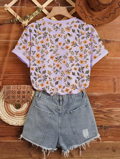 SHEIN LUNE Women Floral Print Short Sleeve T-Shirt