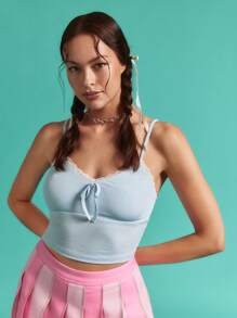 SHEINNeu Top para el 4 de julio para mujer, tops adorables, traje de baño del 4 de julio, azul claro, top sin mangas, lindo, encantador, lazos, azul bebé