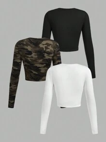 SHEIN EZwear Multi-Pack Women Versatile Casual Simple Long Sleeve T-Shirt Valentine Day