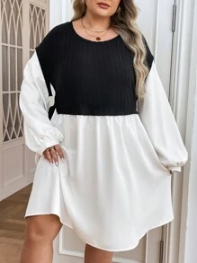 SHEIN CURVE+ Đường cong Plus Quần áo phụ nữ mùa thu Hai tông màu Tay áo đèn lồng Nút thắt bên Váy 2 trong 1 Quần áo công sở Đi chơi Trang phục giáo viên - Đen và trắng - Xem 1