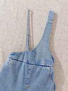 少女夏季宽松休闲套装字母印花圆领短袖T恤和牛仔连体裤，度假，夏季，旅行 - 中等水洗藍 - 查看 4