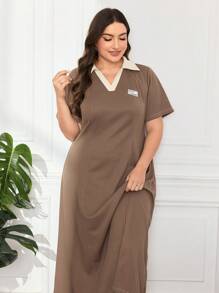 Mulvari Plus Letter Patched Contrast Collar Tee Dress