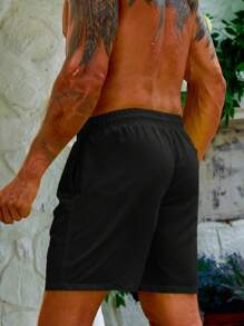 ZELFYO 男士抽绳腰纯色宽松休闲沙滩短裤男士沙滩装男士沙滩装男士游泳短裤长滩装男士 - 黑色 - 查看 2