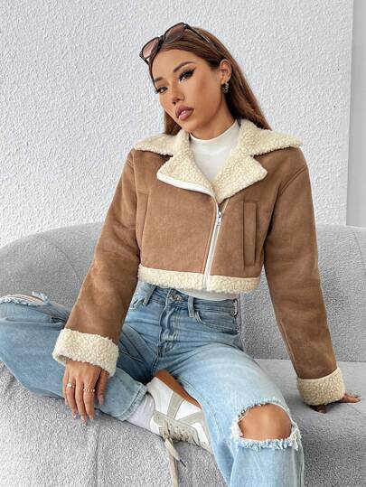 SHEIN PETITE 秋冬連帽茄克摩托車夾克，熊貓毛線衣裡裏，卡其色，帶拉鍊