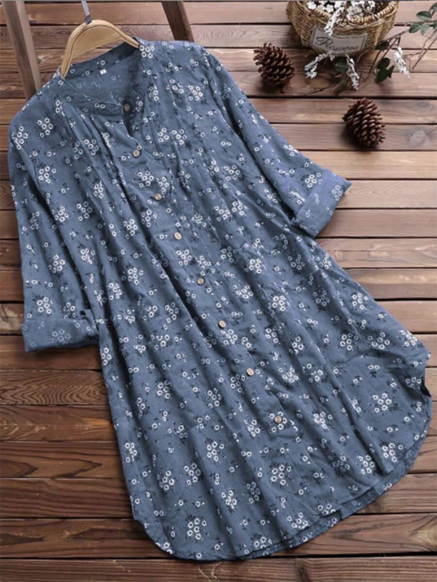 Ditsy Floral Print Notched Neck Blouse