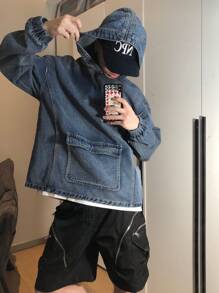 STEELVANCE 男士长袖纯色简约日常时尚深色牛仔夹克，适合度假和秋季穿着 - 藍色 - 查看 1