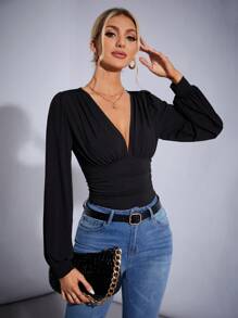 SHEIN Tall Đen Trơn Cổ Chữ V Gợi Cảm Co Giãn Xù Lông Đèn Lồng Tay Dài Body Áo Liền Quần Dành Cho Người Lớn - màu đen - Xem 6
