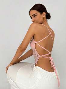 Aloruh Camisola blanca de encaje sin espalda y con lazo en el cuello para mujer, ideal para citas románticas - Rosa - Ver 5