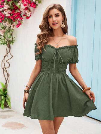 Vivid Eden Sommerkleid mit Schulterrüschen und tailliertem Schnitt für den Strand