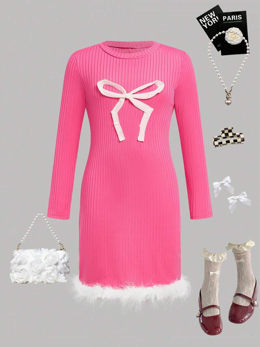 Einfaches Tageskleid mit Schleifendekoration für Tween-Mädchen - Heißes Pink - Übersicht 1